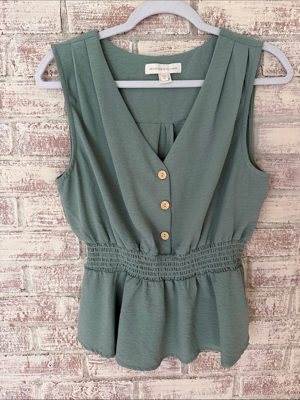 Monteau Sage Green V-Neck Button Front Peplum Tank
